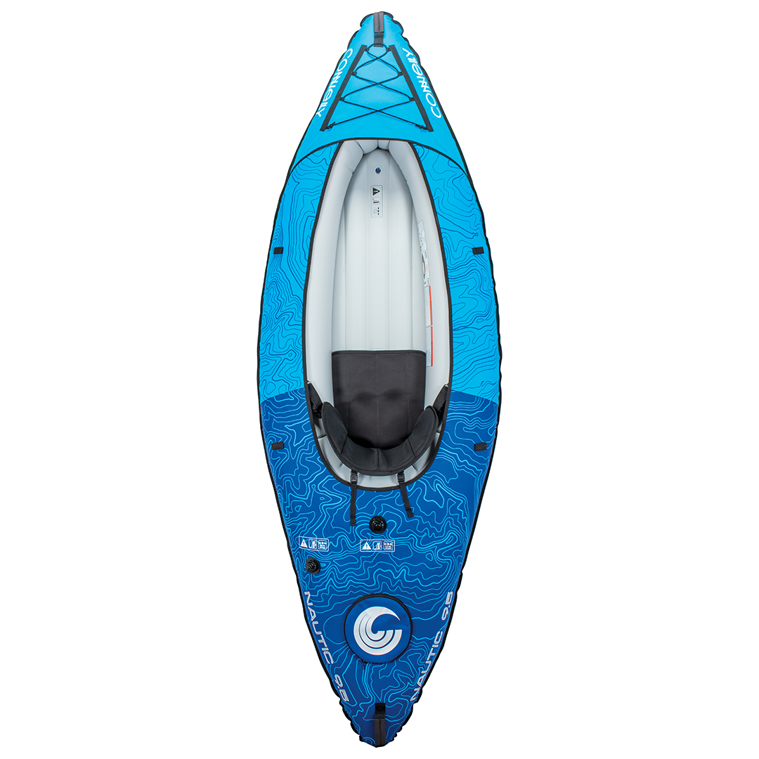Top-down view of the Nautic 9.5 inflatable kayak in blue with a single black seat and white interior.