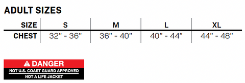 A chart displaying adult vest sizes for small, medium, large, and XL with chest measurements in inches.