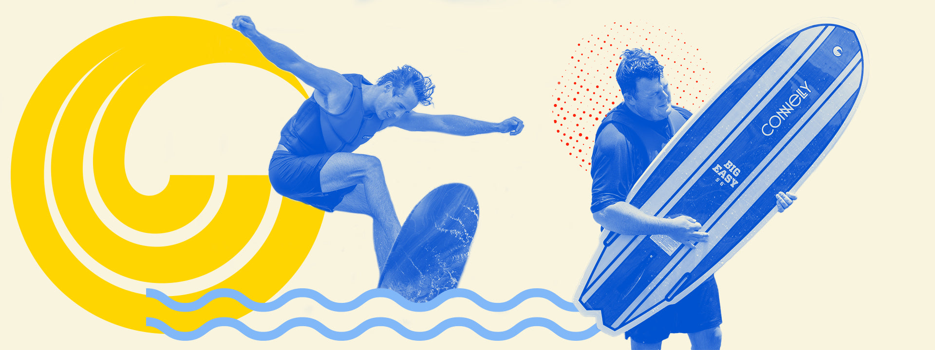 Two men surfing with blue and yellow artistic wave graphics.