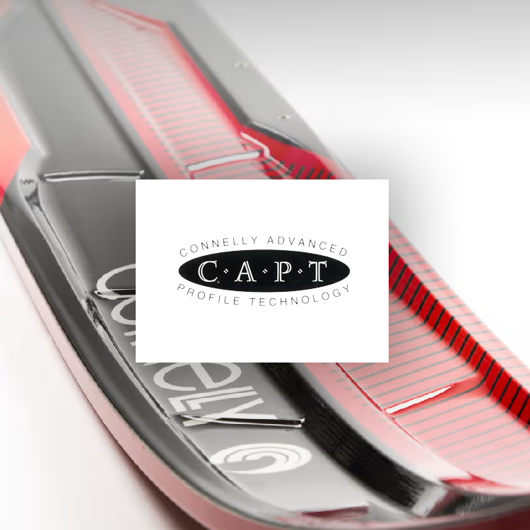 Close-up of a Connelly ski with logo overlaid in the center.