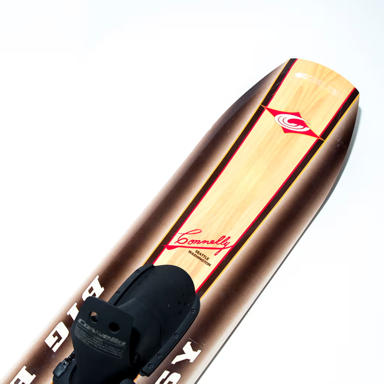 Close-up of a Connelly water ski with a brown and beige design on a white background.