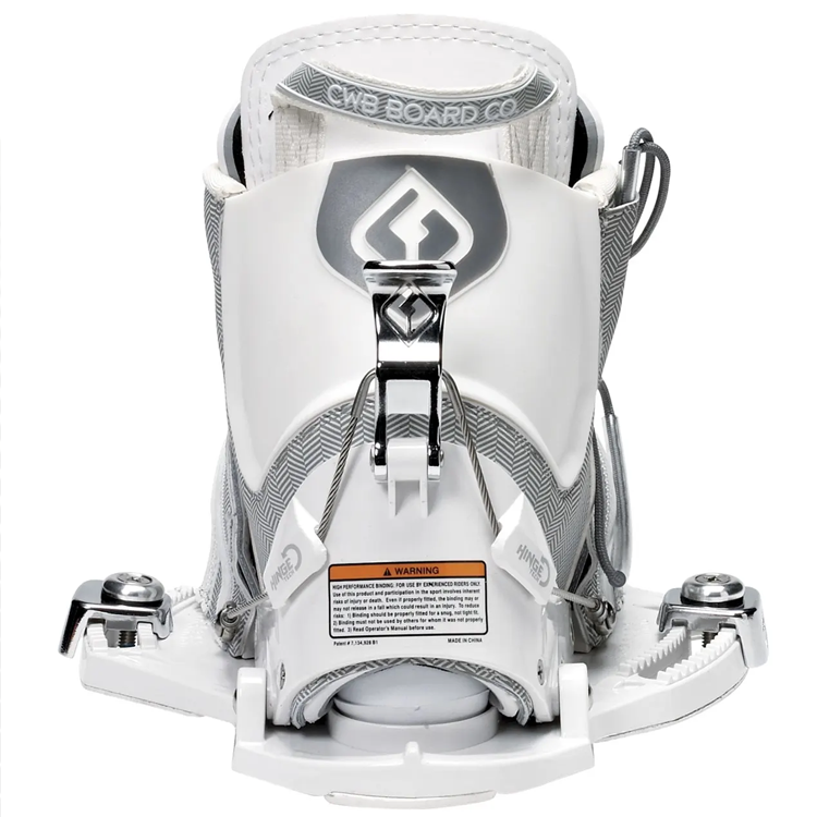 White snowboard binding with gray accents and warning label, viewed from the back.