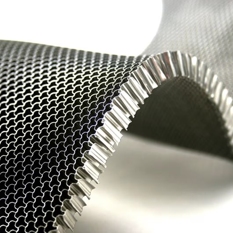 Curved silver metallic mesh with a honeycomb pattern and serrated edges.