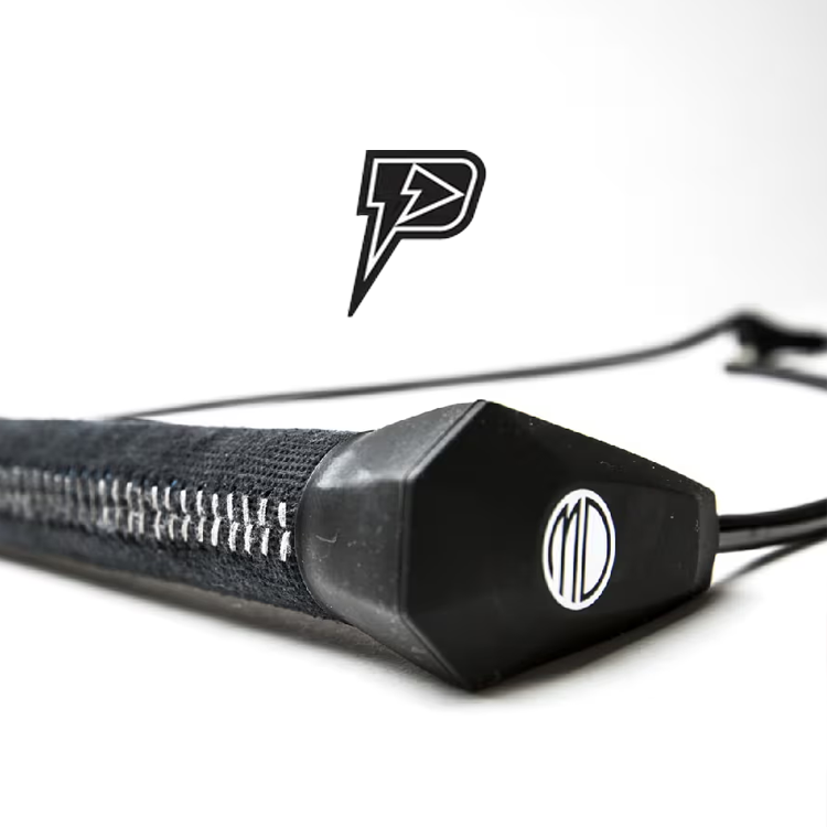 Close-up of a black jump rope handle with a logo against a white background.