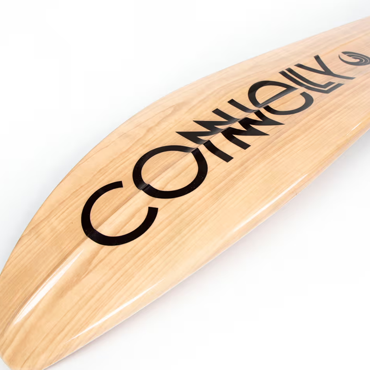 Wooden surfboard with black CONNELLY logo on a white background.
