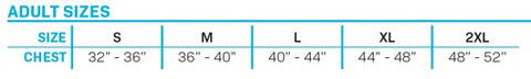 Adult size chart for the STEEL NEO vest, showing chest measurements for sizes S to 2XL.
