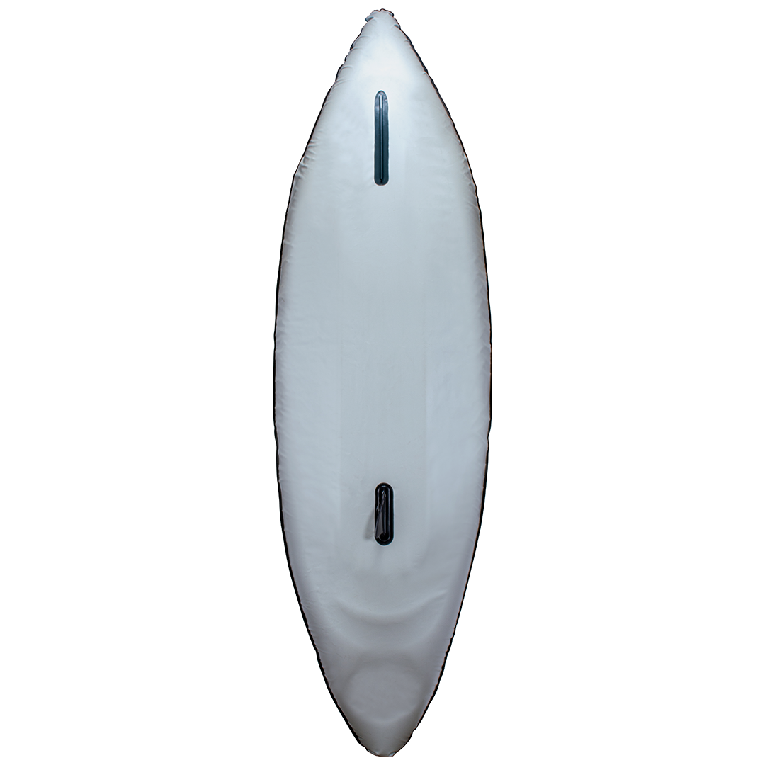 Bottom view of the Nautic 11.5 inflatable kayak in white with two black skegs for improved tracking.