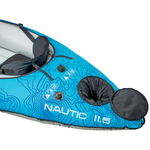 Close-up of the Nautic 11.5 kayak’s bow, showing a zippered dry hatch and inflation valves on a blue contour design.