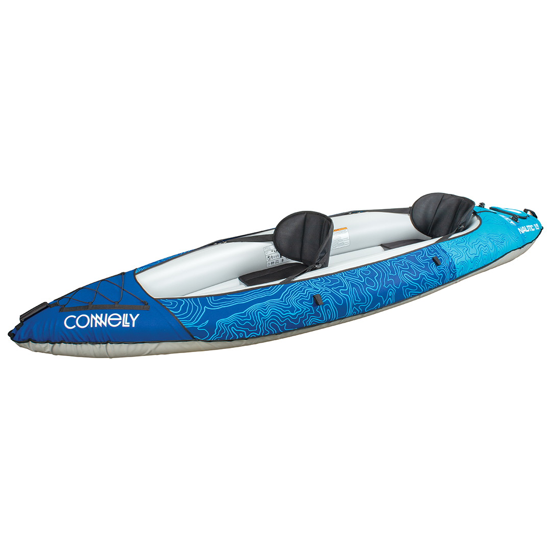 Angled left side view of the Nautic 11.5 kayak in blue, displaying seats, bungee storage, and a sleek hull.