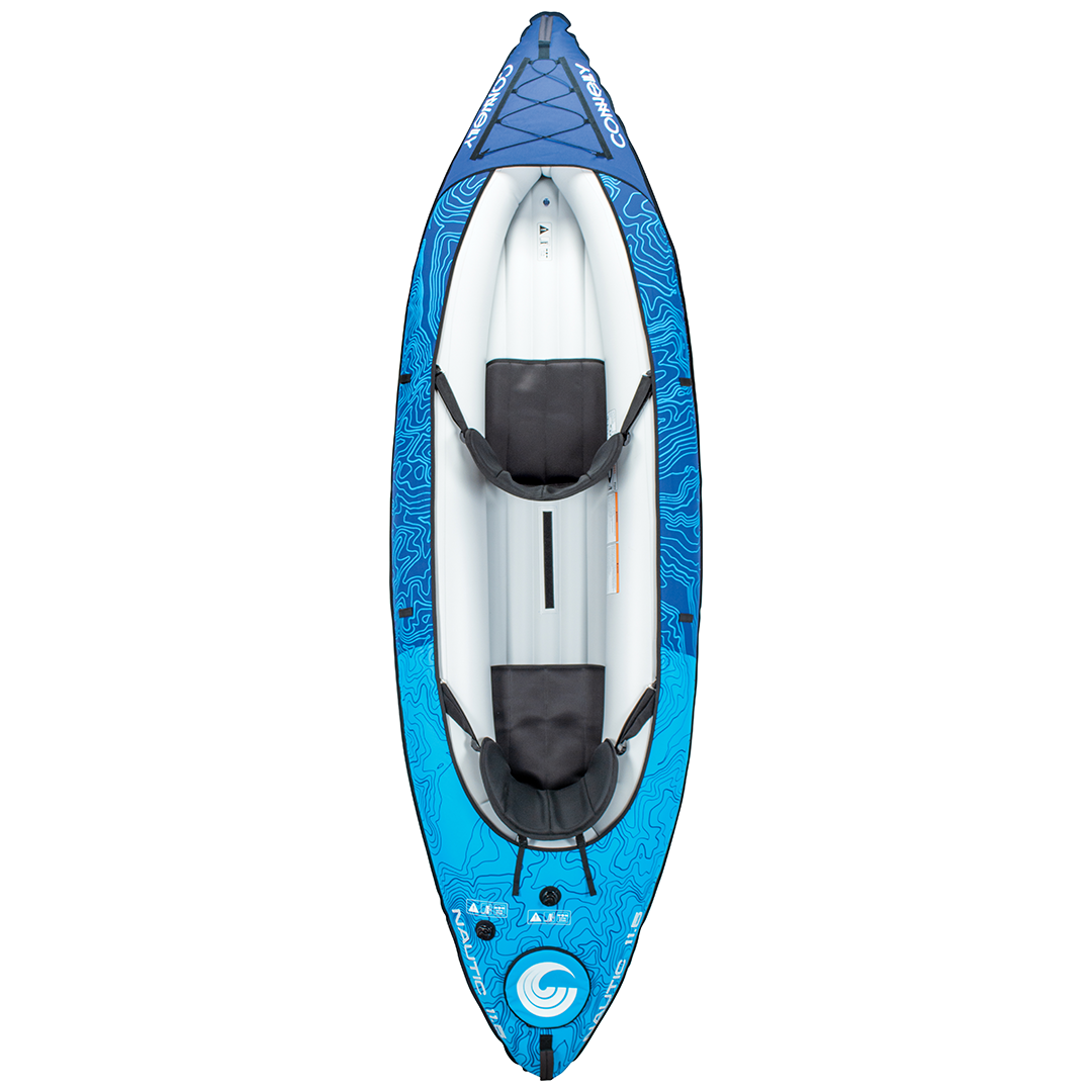 Top-down view of the Nautic 11.5 inflatable kayak in blue, featuring two black seats and bungee storage.