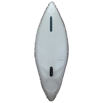 Bottom view of the Nautic 9.5 inflatable kayak in white, featuring two black skegs for improved tracking.