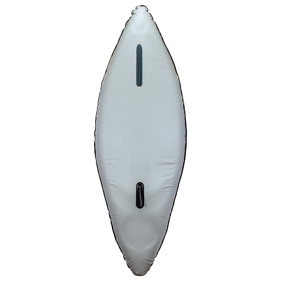 Bottom view of the Nautic 9.5 inflatable kayak in white, featuring two black skegs for improved tracking.