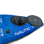 Close-up of the Nautic 9.5 kayak’s bow, showing a zippered dry hatch and inflation valve on a blue contour design.