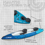 Promotional image of the Nautic Tandem 11.5 kayak with text highlighting its tracking, stability, and storage.