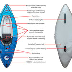 Diagram of the Nautic 9.5 inflatable kayak showing features like bungee storage, stabilizing skeg, and zippered dry hatch.