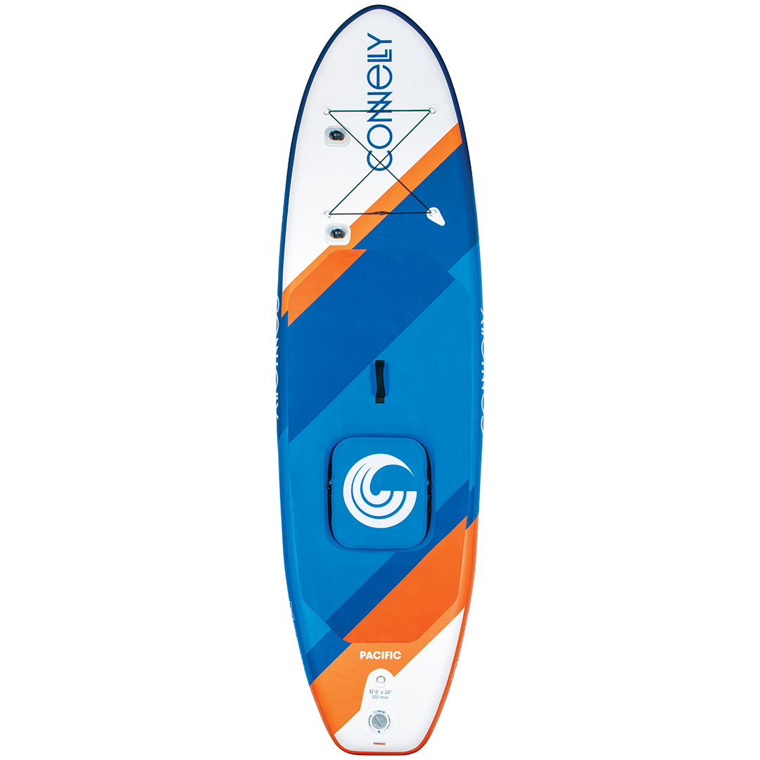 The Pacific ISUP’s deck, featuring bungee storage, a built-in hatch, and bold blue and orange graphics.
