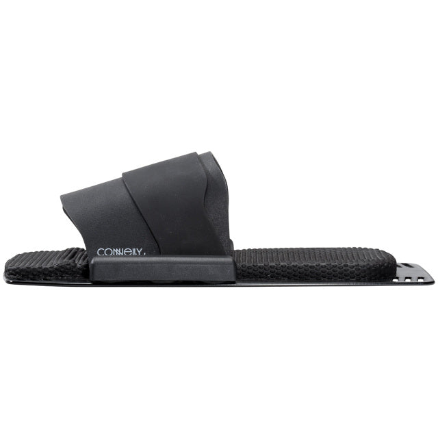 Side view of the Pivot RTP in black, showcasing a textured footbed with a flexible toe strap for rear foot positioning.