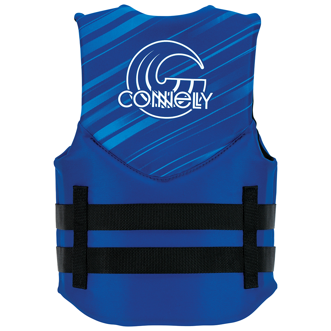 Back of Junior Promo Neo life vest in blue with a white logo and two adjustable side straps for a snug fit.
