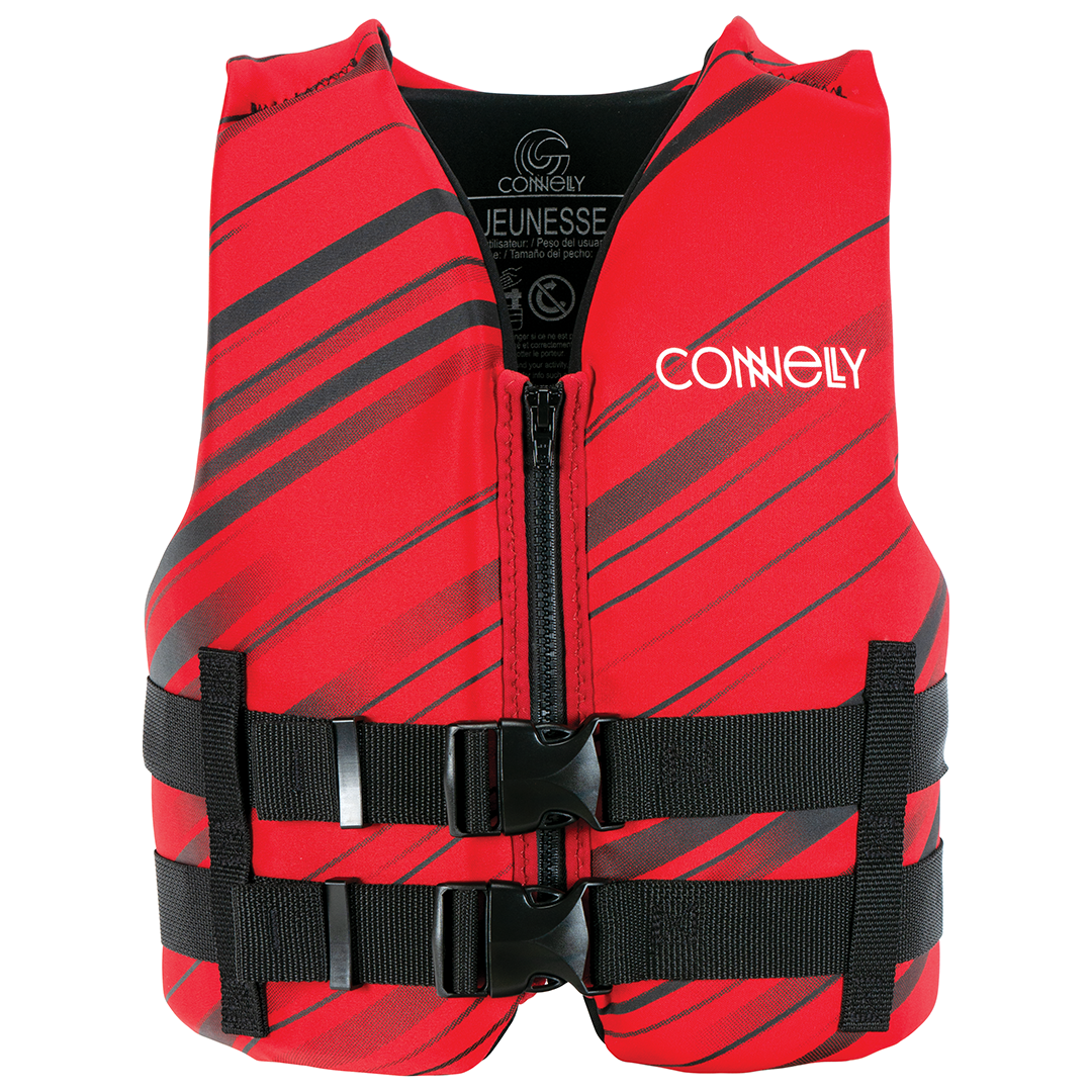 Front of Youth Promo Neo life vest in red with black diagonal stripe details, a zippered front, and two black buckle straps.