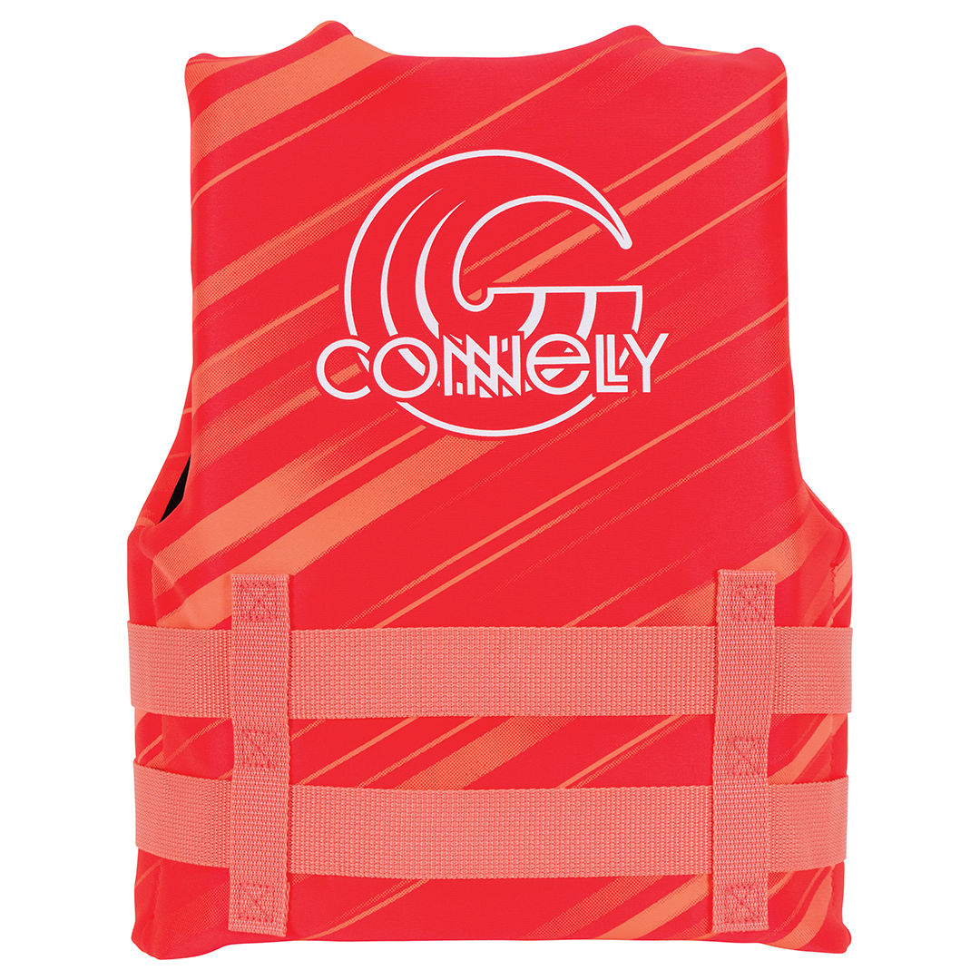 Back of Youth Promo Neo life vest in red with orange diagonal stripes, white logo, and two adjustable side straps.