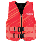 Front of Youth Promo Neo life vest in red with orange diagonal stripe details, zippered front, and two red buckle straps.
