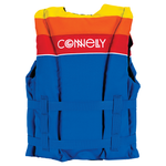 Back view of Youth Retro Nylon vest with blue, red, and yellow design, bold white logo, and adjustable side straps.