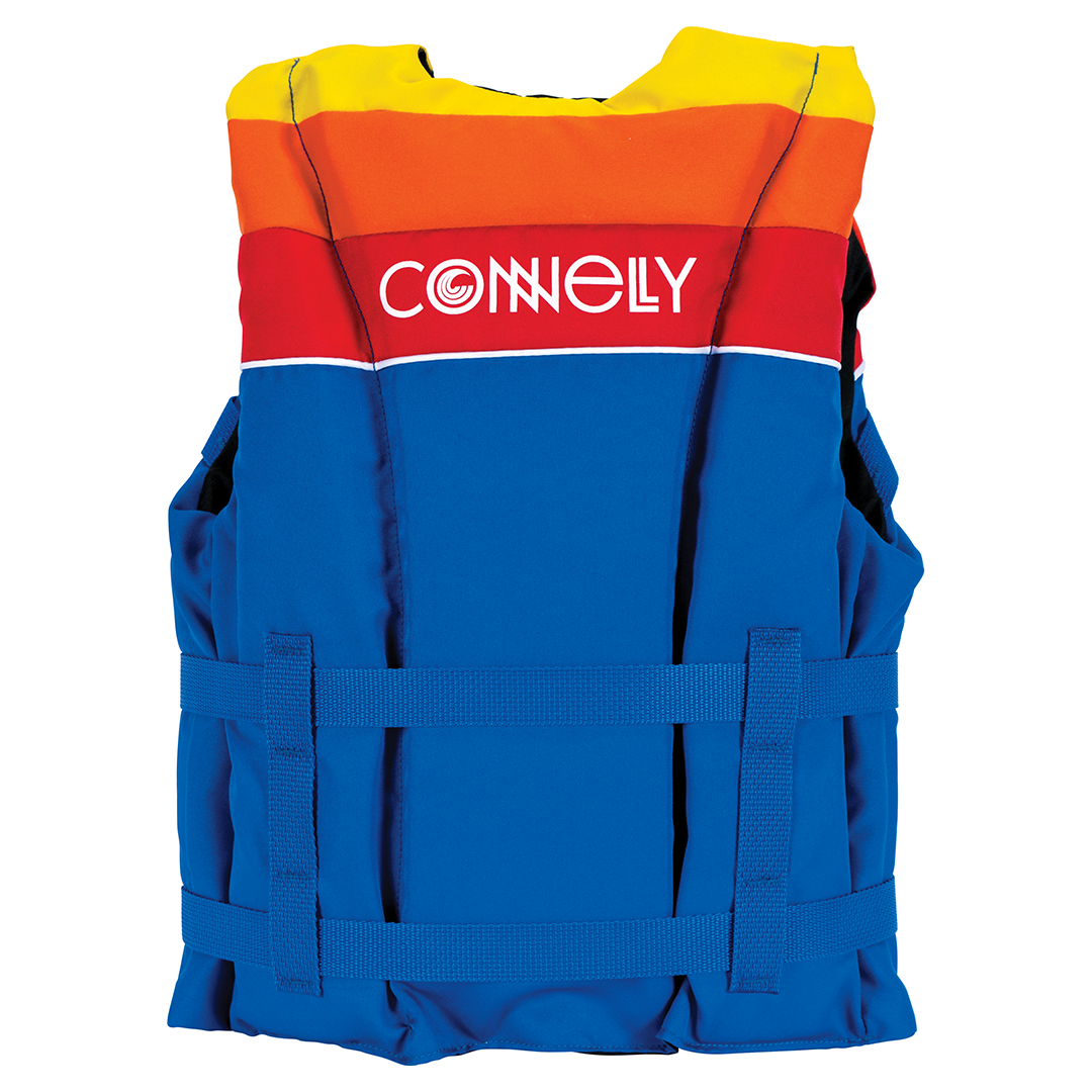 Back view of Youth Retro Nylon vest with blue, red, and yellow design, bold white logo, and adjustable side straps.