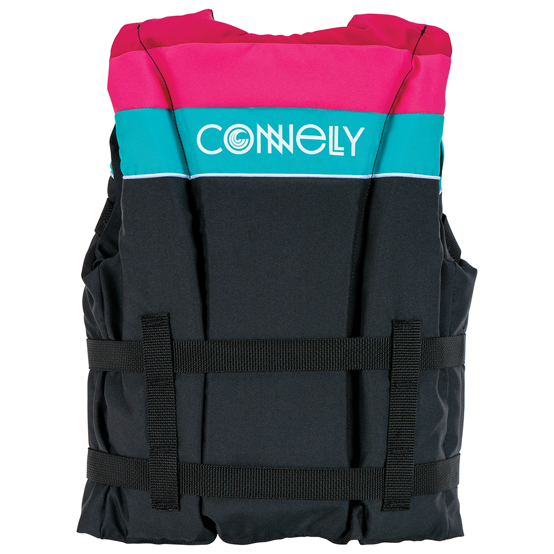 Back view of Youth Retro Nylon vest with black, pink, and teal design, white logo, and adjustable side straps.