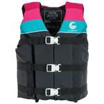 Front view of Youth Retro Nylon vest with black, pink, and teal design, zippered front, and three white buckle straps.