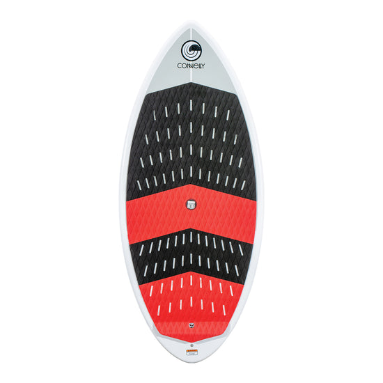 Top view of the MC Habit 4'8" wakesurf board, displaying a black and red traction pad on a white deck with a pointed nose.