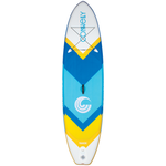 Top view of the 10ft Tahoe ISUP, a blue, white, and yellow stand-up paddleboard with a chevron pattern and storage bungee.