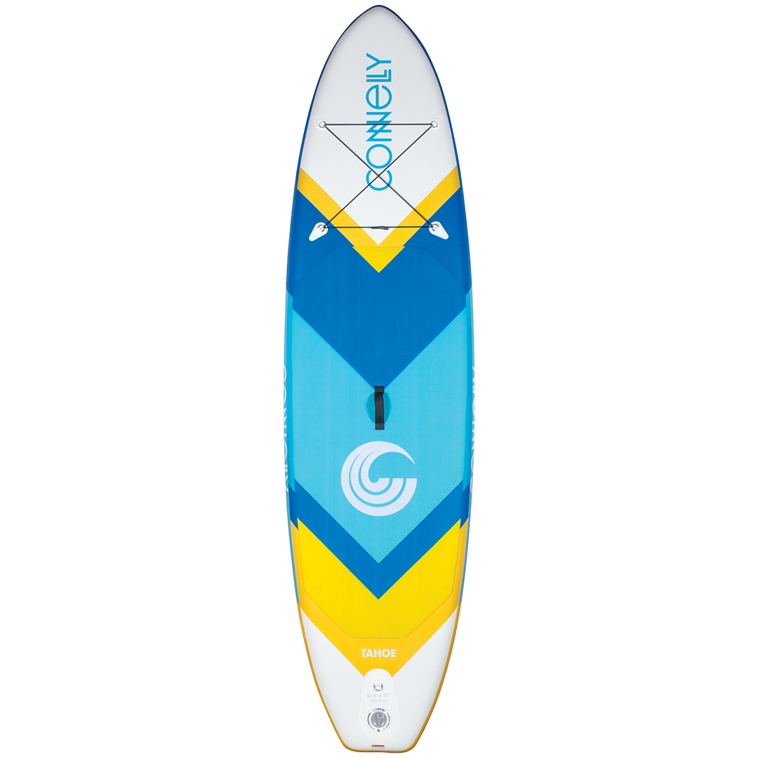Top view of the 10ft Tahoe ISUP, a blue, white, and yellow stand-up paddleboard with a chevron pattern and storage bungee.