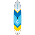 Top view of the 11ft Tahoe ISUP, a blue, white, and yellow stand-up paddleboard with a chevron pattern and storage bungee.