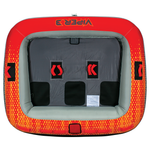 Top view of the Viper 3, a red and gray three-person towable tube with black seating areas and red grab handles.