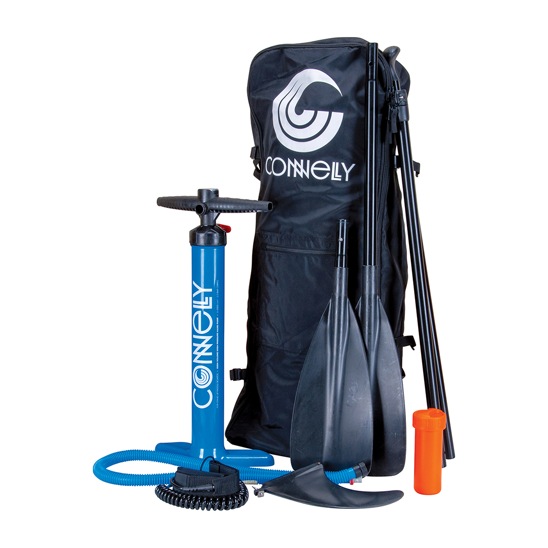 The Pacific ISUP’s included accessories: paddle, pump, fin, coil leash, repair kit, and carrying bag.