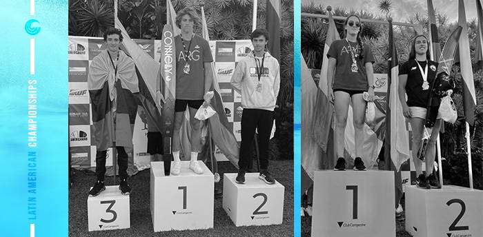 Latin American Championships podium with male and female winners. First-place athletes stand with medals, flags, and Connelly skis.