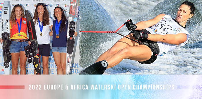Collage of Manon Costard winning gold at the 2022 Europe & Africa Waterski Open, with podium photo and an action skiing shot.