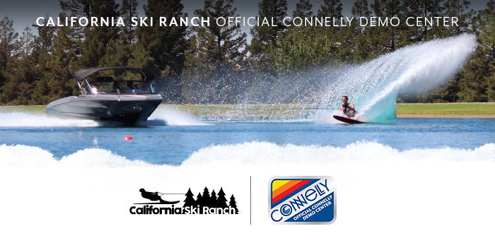 A skier carves through the water at California Ski Ranch, an Official Connelly Demo Center, with a boat and logos in view.