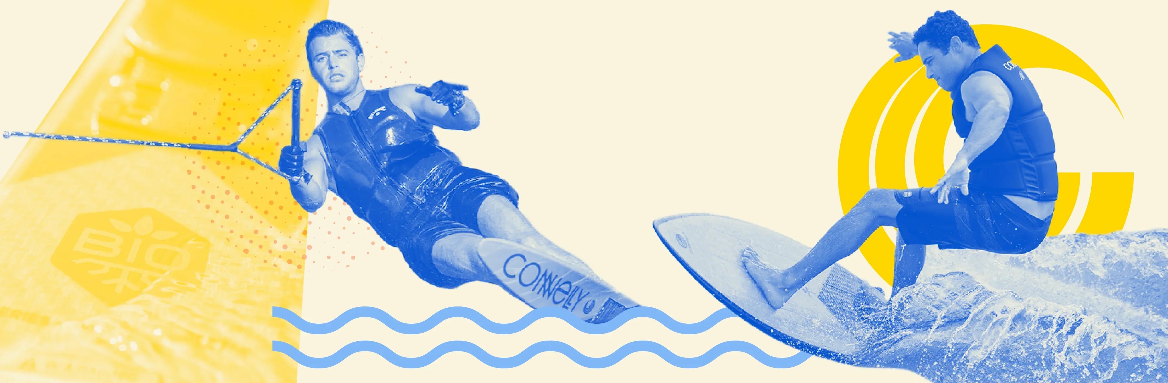 Man water skiing and another surfing a wave on a wakesurf board, highlighted by bold yellow and blue graphics.