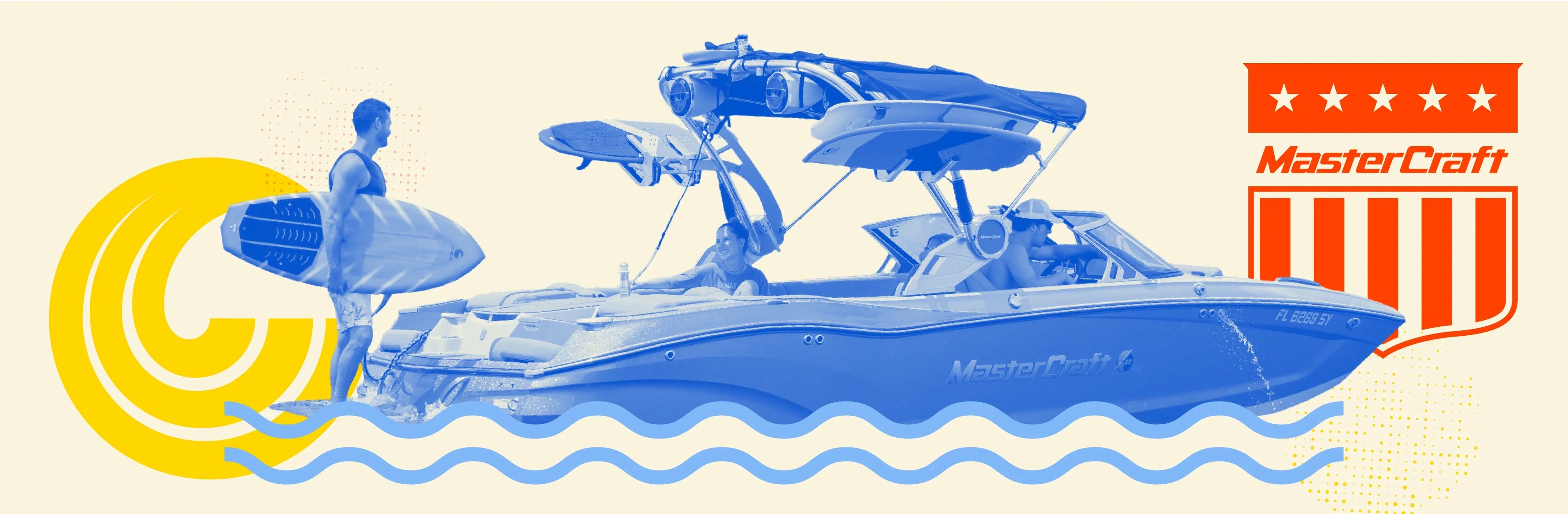 Man holding a wakesurf board near a MasterCraft boat with passengers onboard, set against a bold graphic backdrop.