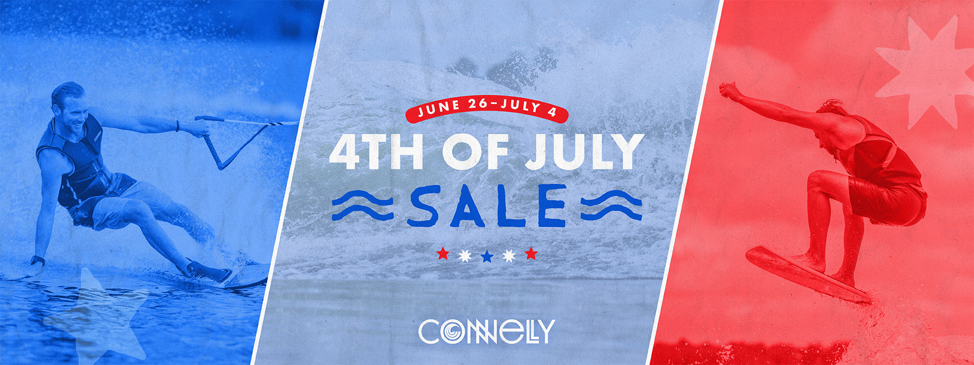 Man water skiing in a black vest with red skis beside a red and blue Fourth of July sale banner.