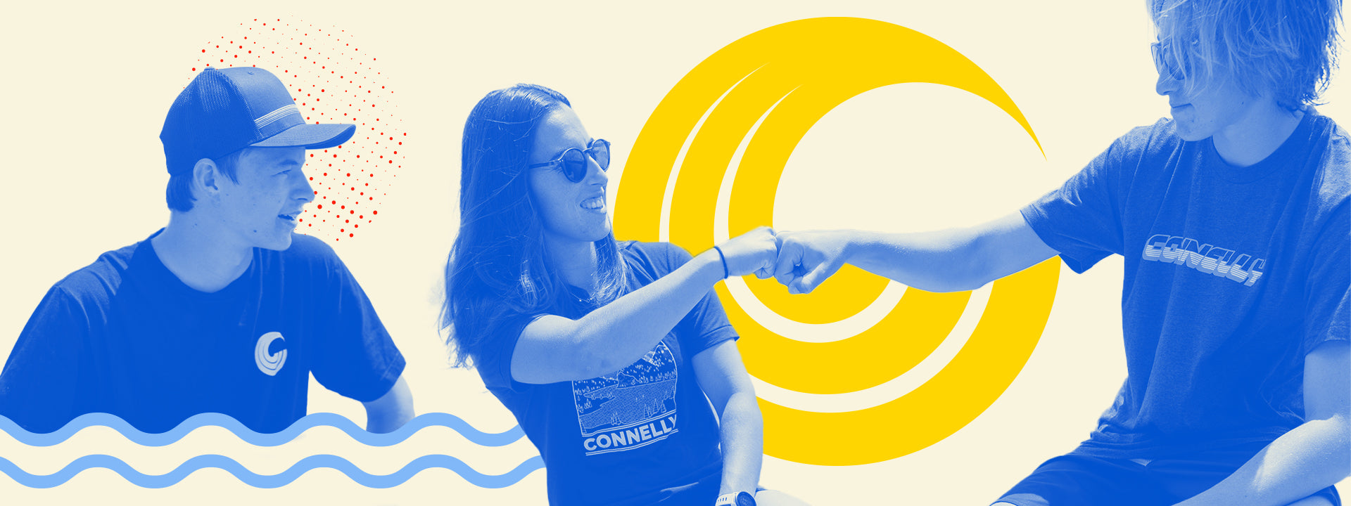 Three friends wearing Connelly-branded apparel, with two sharing a fist bump, against a bright yellow Connelly logo.