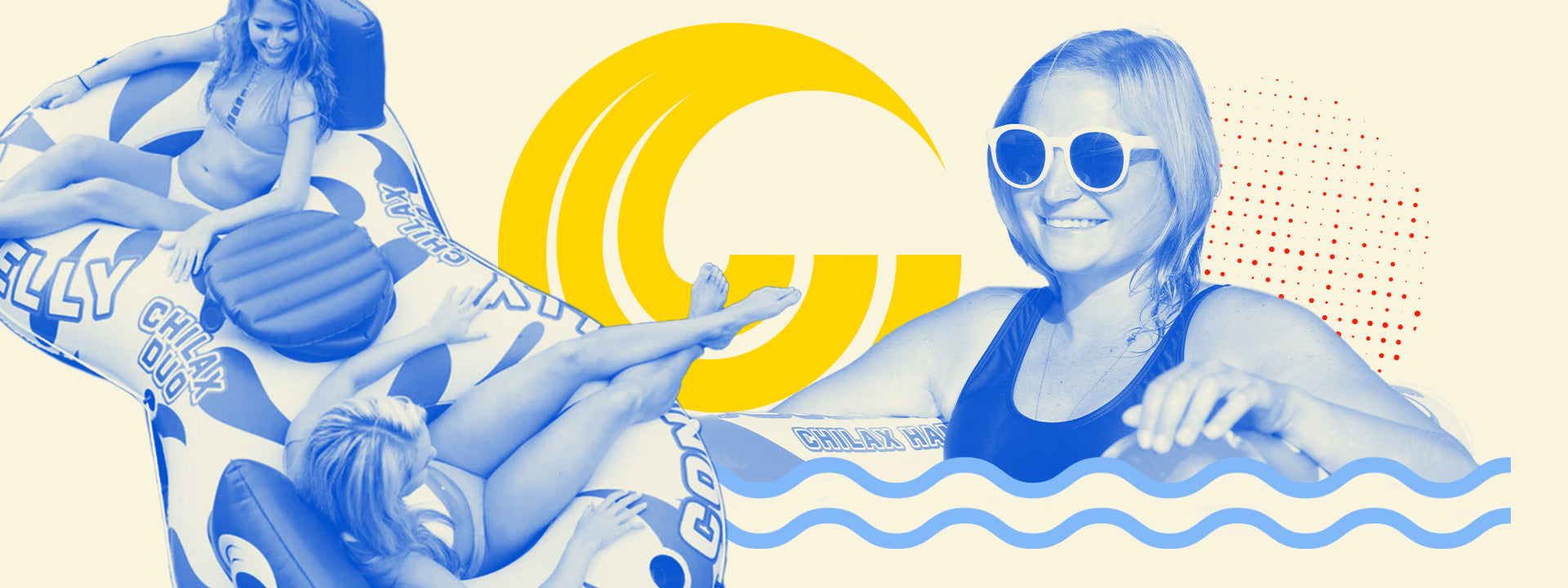 Women relaxing on Connelly leisure floats, set against a vibrant yellow and blue graphic background.