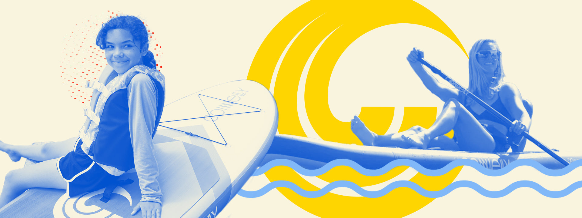 Smiling girl sitting on a  Connelly paddleboard and a woman paddling a kayak, set in front a bright yellow Connelly logo.