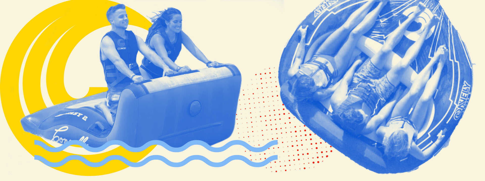 Two people riding a Connelly inflatable tube and a group of three relaxing on a larger Connelly towable tube.