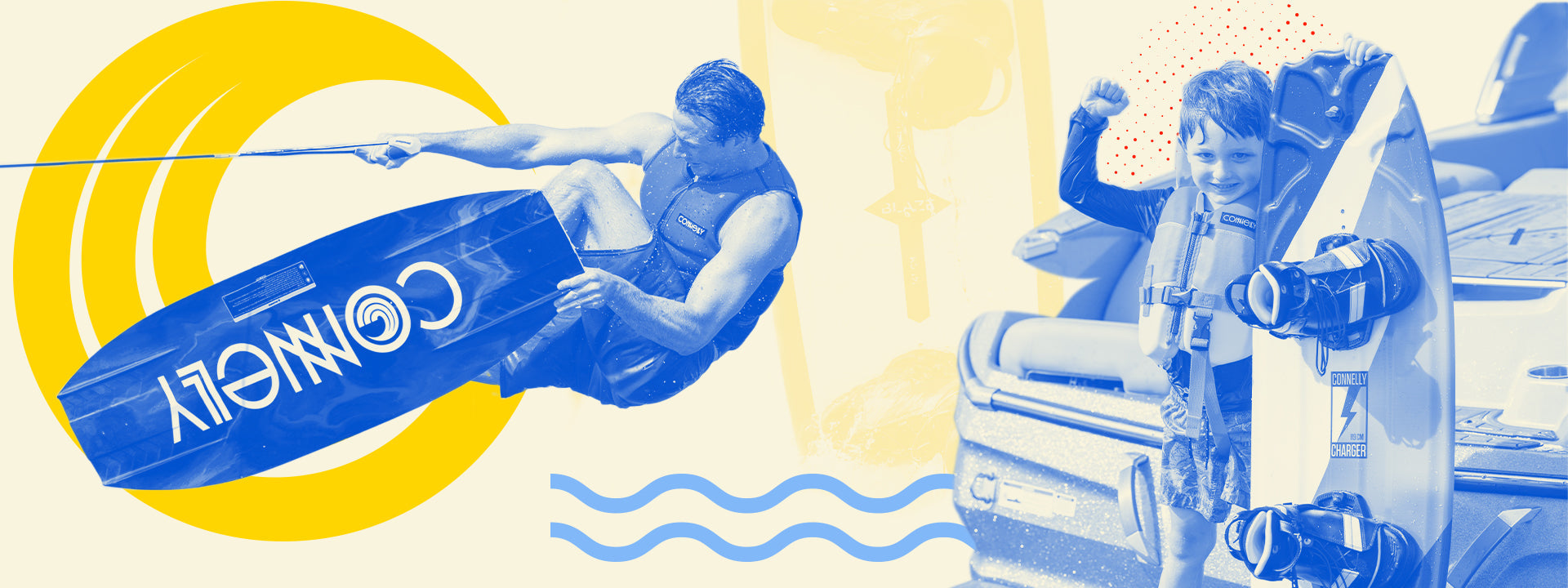 Wakeboarder mid-air and child with Connelly wakeboard by a boat, featuring dynamic yellow and blue graphics.