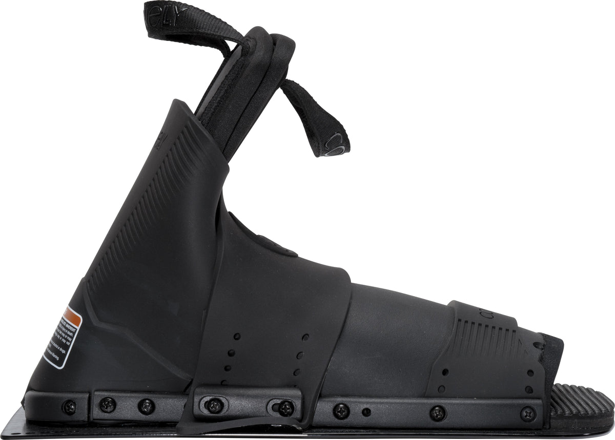 Side view of the front Stoker binding in black, featuring an open-toe design with adjustable straps and a sturdy baseplate.