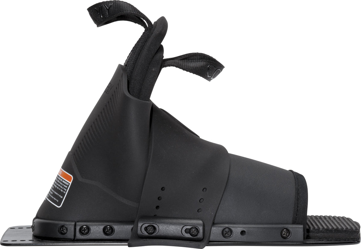 Side view of the rear Stoker binding in black, showcasing dual pull tabs, textured footbed, and reinforced heel support.