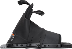 Side view of the rear Stoker binding in black, showcasing dual pull tabs, textured footbed, and reinforced heel support.