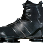 Black Sync Front waterski binding with a streamlined design, matte and glossy accents, and a secure lacing system.